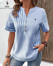Chemise Ralph Lauren à col V en coton et lin à rayures asymétriques