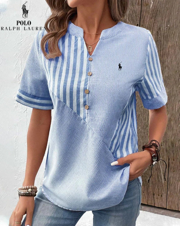 Chemise Ralph Lauren à col V en coton et lin à rayures asymétriques