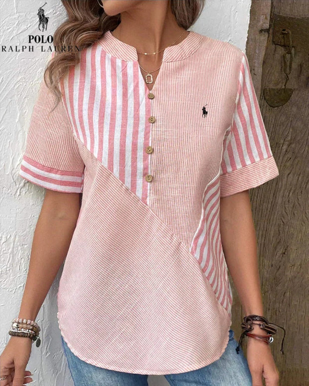 Chemise Ralph Lauren à col V en coton et lin à rayures asymétriques