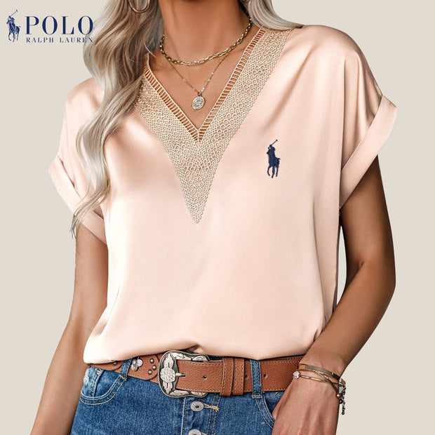 【Ralph Lauren】Chemisier col V en satin et dentelle