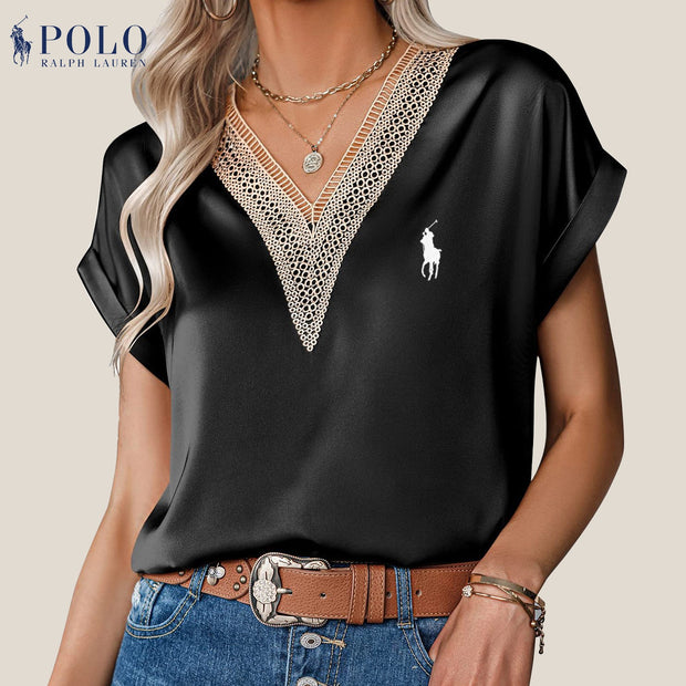 【Ralph Lauren】Chemisier col V en satin et dentelle