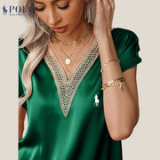 【Ralph Lauren】Chemisier col V en satin et dentelle
