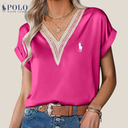 【Ralph Lauren】Chemisier col V en satin et dentelle