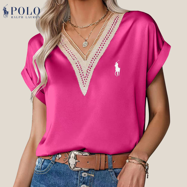 【Ralph Lauren】Chemisier col V en satin et dentelle