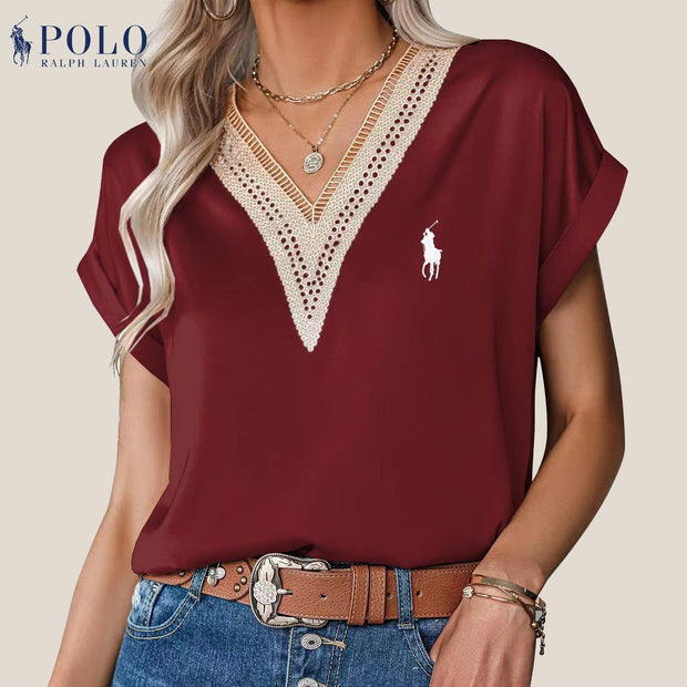 【Ralph Lauren】Chemisier col V en satin et dentelle