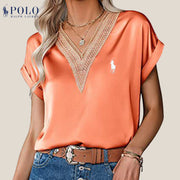 【Ralph Lauren】Chemisier col V en satin et dentelle