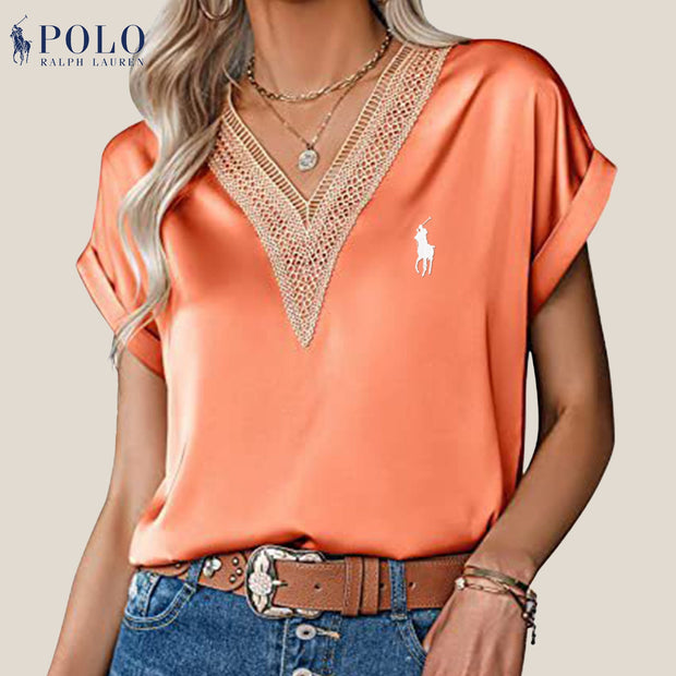 【Ralph Lauren】Chemisier col V en satin et dentelle