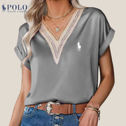 【Ralph Lauren】Chemisier col V en satin et dentelle