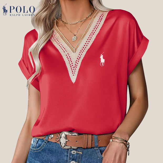 【Ralph Lauren】Chemisier col V en satin et dentelle