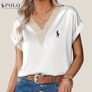 【Ralph Lauren】Chemisier col V en satin et dentelle