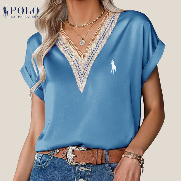 【Ralph Lauren】Chemisier col V en satin et dentelle