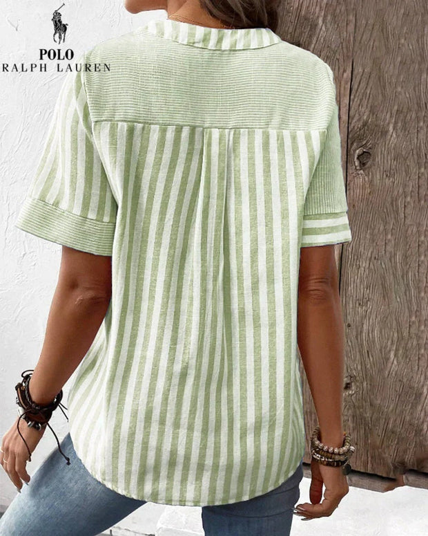 Chemise Ralph Lauren à col V en coton et lin à rayures asymétriques