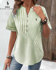 Chemise Ralph Lauren à col V en coton et lin à rayures asymétriques