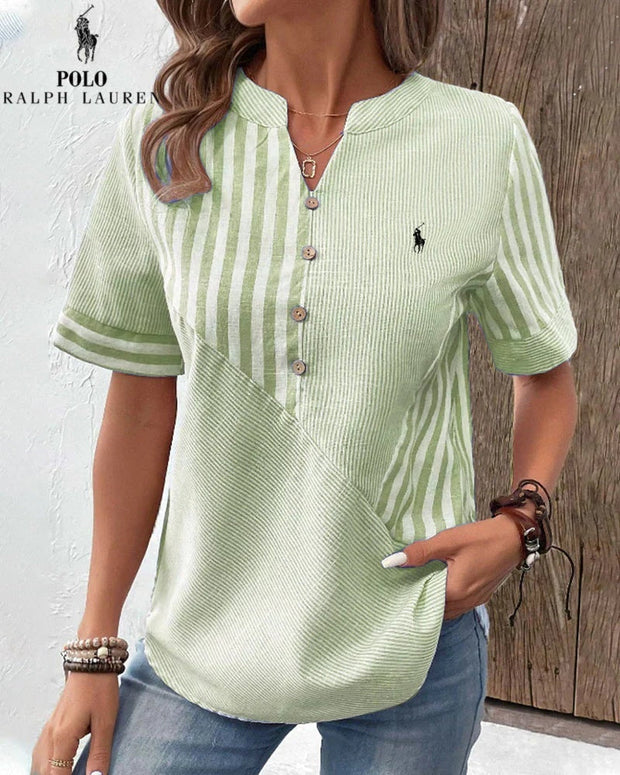 Chemise Ralph Lauren à col V en coton et lin à rayures asymétriques