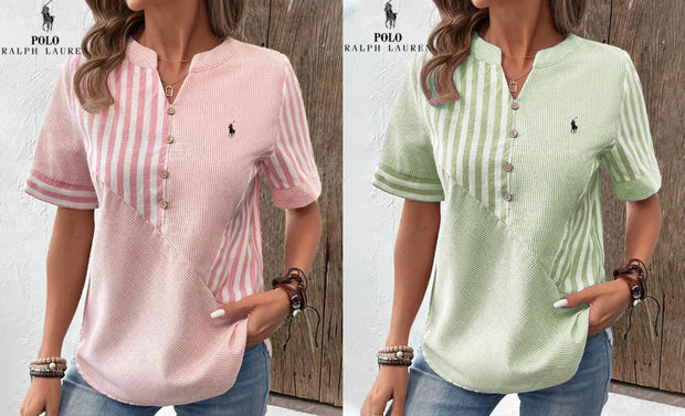 Chemise Ralph Lauren à col V en coton et lin à rayures asymétriques