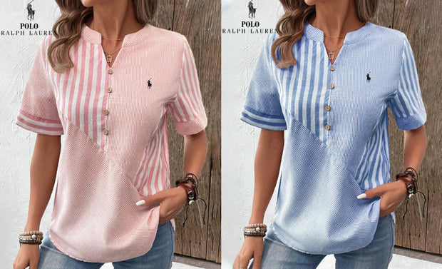 Chemise Ralph Lauren à col V en coton et lin à rayures asymétriques