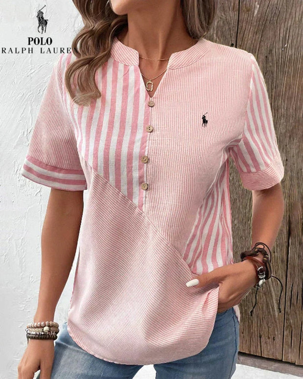 Chemise Ralph Lauren à col V en coton et lin à rayures asymétriques