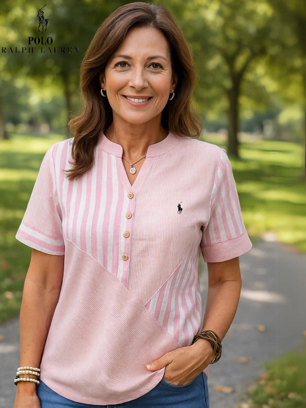 Chemise Ralph Lauren à col V en coton et lin à rayures asymétriques