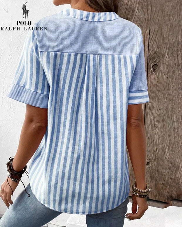 Chemise Ralph Lauren à col V en coton et lin à rayures asymétriques